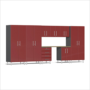 9-Piece Garage Cabinet Kit with Bamboo Worktop in Ruby Red Metallic