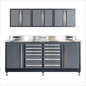 12-Drawer 7-Foot HD Workbench with Leveling Feet and Wall Cabinets