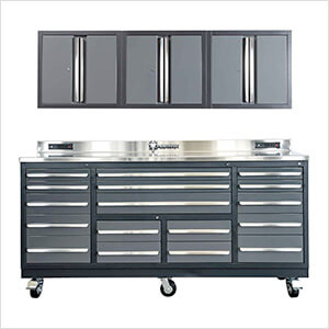 17-Drawer 7-Foot Heavy Duty Workbench with Casters and Wall Cabinets