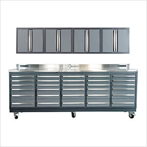 30-Drawer 9-Foot 4-1/4-Inch HD Workbench with Casters and Wall Cabinets