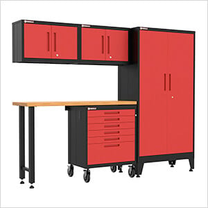 Red 5-Piece Garage Cabinet Set with Levelers and Casters