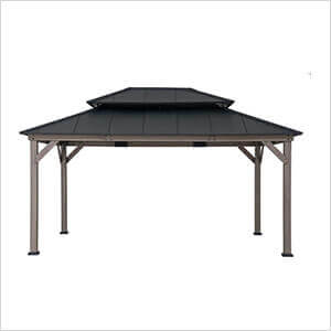 12 x 16 Wooden 2-Tier Aluminum Hardtop Gazebo with Ceiling Hook (Black Roof)