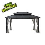 Sunjoy Group 12 x 16 Steel Gazebo with 2-Tier Roof Hardtop Gazebo with Ceiling Hook and Netting