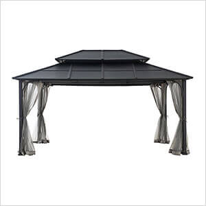 12 x 16 Steel Gazebo with 2-Tier Roof Hardtop Gazebo with Ceiling Hook and Netting