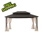 Sunjoy Group 12 x 16 Steel Gazebo with 2-Tier Roof Hardtop Gazebo with Ceiling Hook and Netting