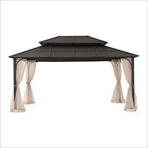12 x 16 Steel Gazebo with 2-Tier Roof Hardtop Gazebo with Ceiling Hook and Netting