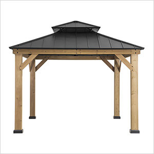 11 x 11 Wooden 2-Tier Hardtop Gazebo with Ceiling Hook (Black Roof)
