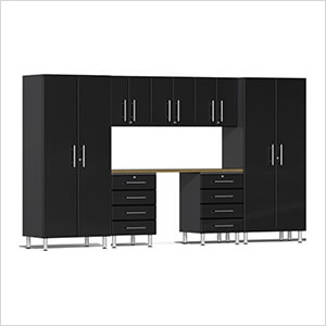 8-Piece Garage Cabinet Kit with Bamboo Worktop in Midnight Black Metallic