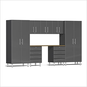 8-Piece Garage Cabinet Kit with Bamboo Worktop in Graphite Grey Metallic