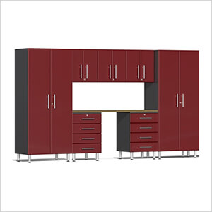 8-Piece Garage Cabinet Kit with Bamboo Worktop in Ruby Red Metallic