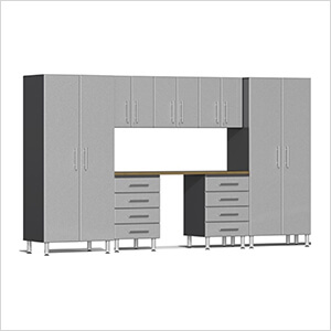 8-Piece Garage Cabinet Kit with Bamboo Worktop in Stardust Silver Metallic