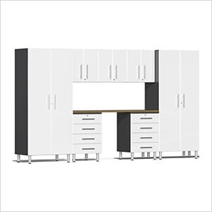 8-Piece Garage Cabinet Kit with Bamboo Worktop in Starfire White Metallic