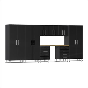 9-Piece Garage Cabinet Kit with Bamboo Worktop in Midnight Black Metallic
