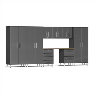9-Piece Garage Cabinet Kit with Bamboo Worktop in Graphite Grey Metallic