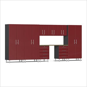 9-Piece Garage Cabinet Kit with Bamboo Worktop in Ruby Red Metallic