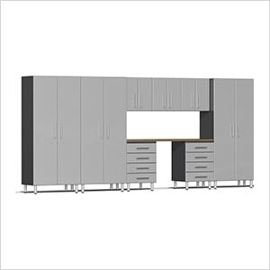 9-Piece Garage Cabinet Kit with Bamboo Worktop in Stardust Silver Metallic