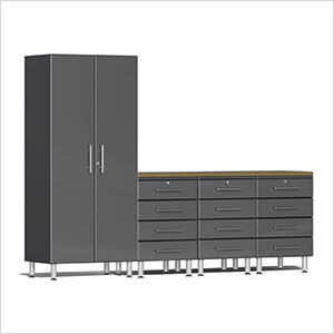 5-Piece Garage Cabinet Kit with Bamboo Worktop in Graphite Grey Metallic