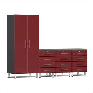 5-Piece Garage Cabinet Kit with Bamboo Worktop in Ruby Red Metallic