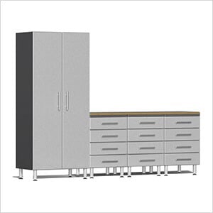 5-Piece Garage Cabinet Kit with Bamboo Worktop in Stardust Silver Metallic