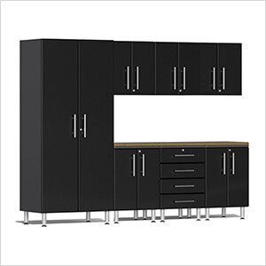 8-Piece Garage Cabinet Kit with Bamboo Worktop in Midnight Black Metallic