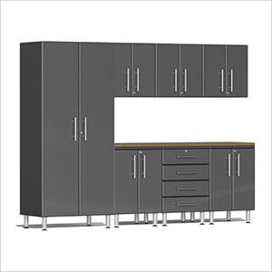 8-Piece Garage Cabinet Kit with Bamboo Worktop in Graphite Grey Metallic