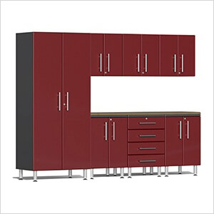 8-Piece Garage Cabinet Kit with Bamboo Worktop in Ruby Red Metallic