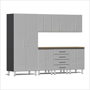 8-Piece Garage Cabinet Kit with Bamboo Worktop in Stardust Silver Metallic
