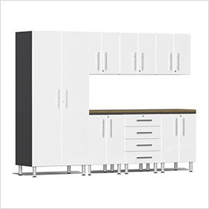 8-Piece Garage Cabinet Kit with Bamboo Worktop in Starfire White Metallic