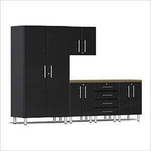 6-Piece Garage Cabinet Kit with Bamboo Worktop in Midnight Black Metallic