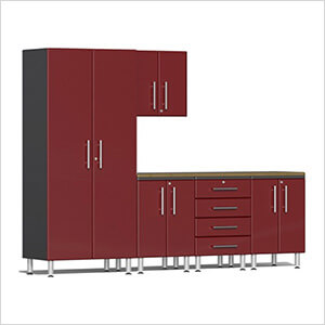 6-Piece Garage Cabinet Kit with Bamboo Worktop in Ruby Red Metallic