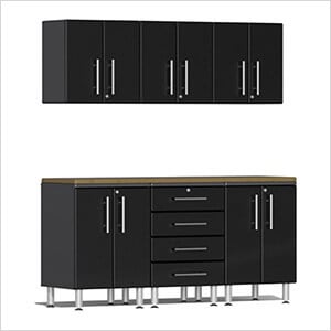 7-Piece Garage Cabinet Kit with Bamboo Worktop in Midnight Black Metallic