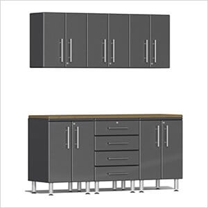 7-Piece Garage Cabinet Kit with Bamboo Worktop in Graphite Grey Metallic