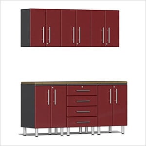 7-Piece Garage Cabinet Kit with Bamboo Worktop in Ruby Red Metallic