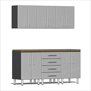 7-Piece Garage Cabinet Kit with Bamboo Worktop in Stardust Silver Metallic