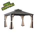 Sunjoy Group 11 x 13 Black 2-Tier Steel Hardtop Gazebo with Ceiling Hook and Netting