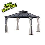 Sunjoy Group 10 x 12 Black 2-Tier Steel Hardtop Gazebo with Ceiling Hook and Netting