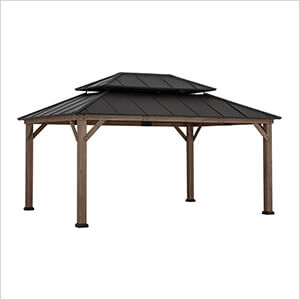 12 x 16 Wooden 2-Tier Aluminum Hardtop Gazebo with Ceiling Hook (Black Roof)
