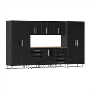 9-Piece Garage Cabinet Kit with Bamboo Worktop in Midnight Black Metallic