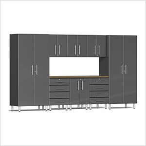 9-Piece Garage Cabinet Kit with Bamboo Worktop in Graphite Grey Metallic