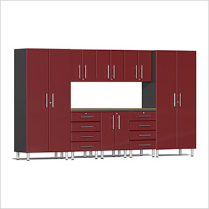 9-Piece Garage Cabinet Kit with Bamboo Worktop in Ruby Red Metallic
