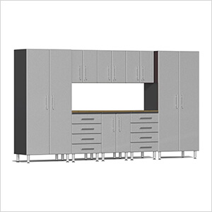 9-Piece Garage Cabinet Kit with Bamboo Worktop in Stardust Silver Metallic