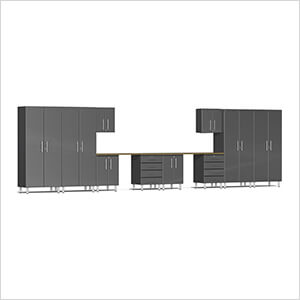 12-Piece Garage Cabinet Kit with Bamboo Worktop in Graphite Grey Metallic