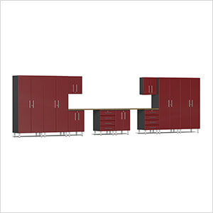 12-Piece Garage Cabinet Kit with Bamboo Worktop in Ruby Red Metallic