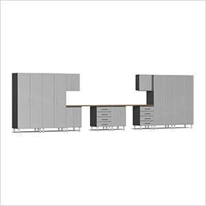 12-Piece Garage Cabinet Kit with Bamboo Worktop in Stardust Silver Metallic