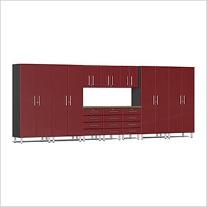 11-Piece Garage Cabinet Kit with Bamboo Worktop in Ruby Red Metallic
