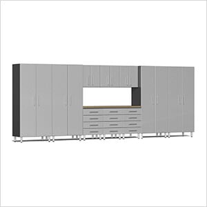 11-Piece Garage Cabinet Kit with Bamboo Worktop in Stardust Silver Metallic