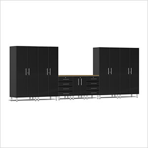 8-Piece Garage Cabinet Kit with Bamboo Worktop in Midnight Black Metallic