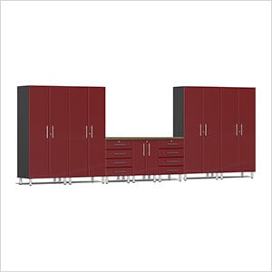 8-Piece Garage Cabinet Kit with Bamboo Worktop in Ruby Red Metallic